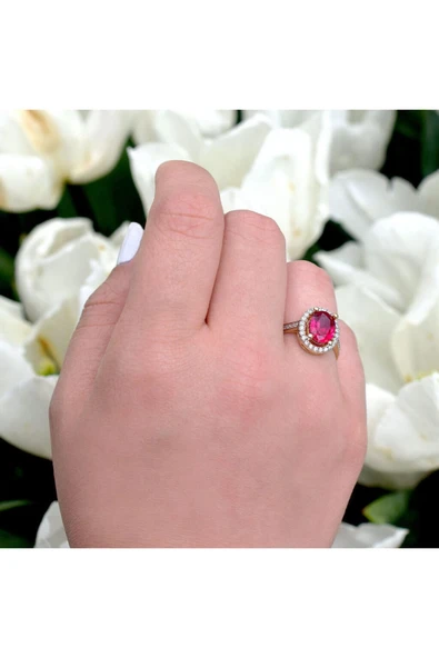 Oval Kırmızı Taşlı Altın Yüzük - Resim 3
