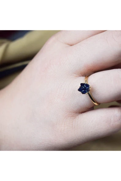 Lacivert Lotus Çiçeği Altın Yüzük - Resim 3
