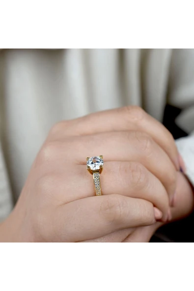 14 Ayar Sarı Altın Tektaş Yüzük - Resim 3