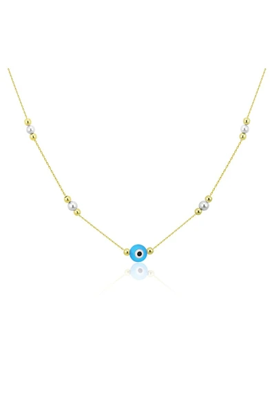 Zarif İncili Açık Mavi Nazar Boncuklu Trend Altın Kolye ürün görseli 1