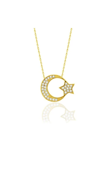 Ay Yıldız Motifli Çift Sıra Taşlı 14 Ayar Altın Kolye ürün görseli 1