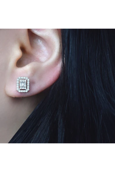 Modern Tasarım 0.55 Ct Baget Kare Tektaş Küpe - Resim 3