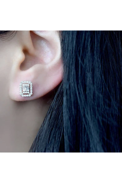 Modern Tasarım 0.55 Ct Baget Kare Tektaş Küpe - Resim 2