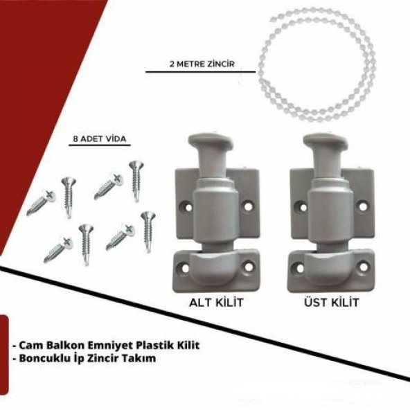 KALİTE - CAM BALKON EMNİYET PLASTİK KİLİT - BONCUKLU İP ZİNCİR TAKIM SETİ - 4