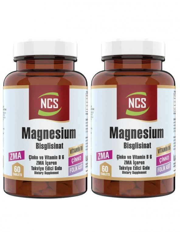 Ncs Zma 60 Tablet Çinko Folic Acid Vitamin B 6 Magnezyum Bisglisinat Magnesium 2 Adet