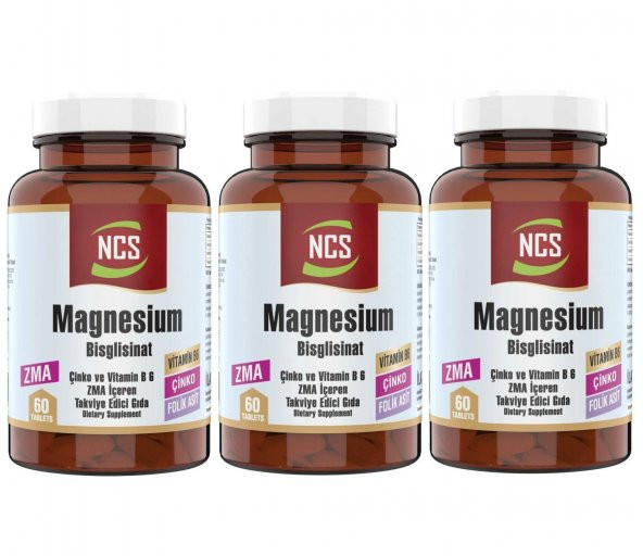 Ncs Zma 60 Tablet Çinko Folic Acid Vitamin B 6 Magnezyum Bisglisinat Magnesium 3 Adet