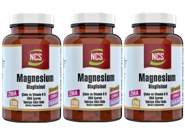 Ncs Zma 180 Tablet Çinko Folic Acid Vitamin B 6 Magnezyum Bisglisinat Magnesium 3 Adet
