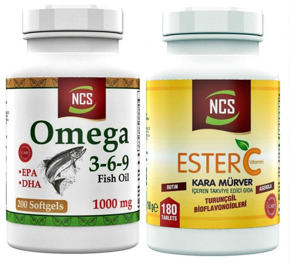 NCS Omega 3 6 9 Balık Yağı 1000 Mg 200 Softgel Ncs Ester C Vitamini 1000 mg 180 Tablet Kara Mürver