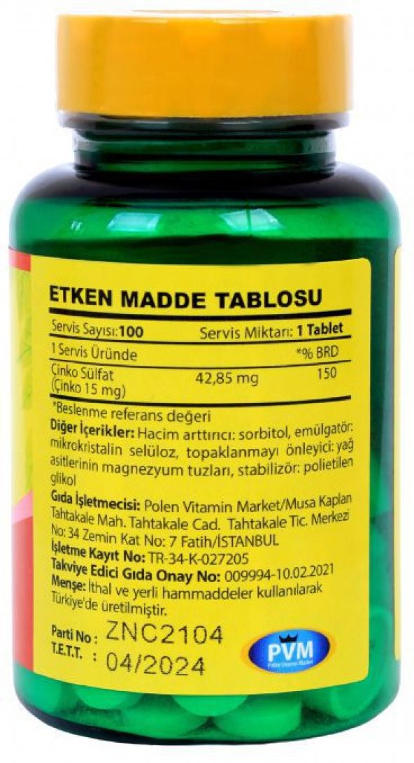 Vitapol Çinko Sülfat 15 Mg 100 Tablet Zinc - Resim 2