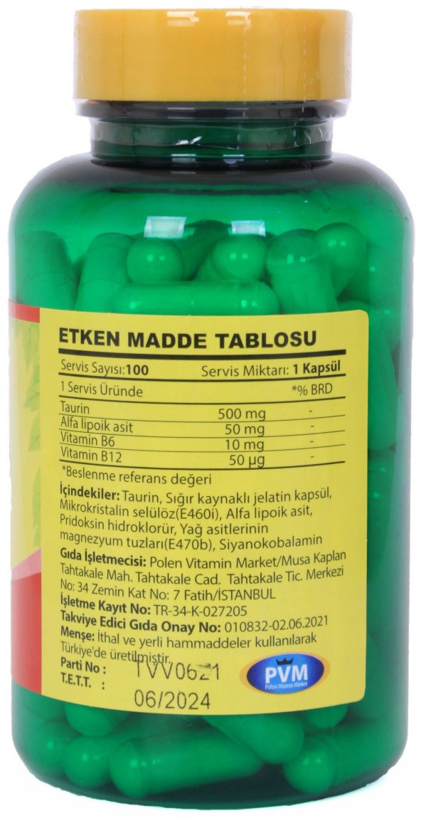Vitapol Taurin 500 Mg Vitamin B6 Vitamin B12 100 Kapsül Skt Haziran 2024 - 2
