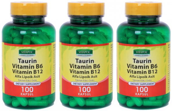 Vitapol Taurin 500 Mg Vitamin B6 Vitamin B12 100 Kapsül Skt Haziran 2024 3 Adet