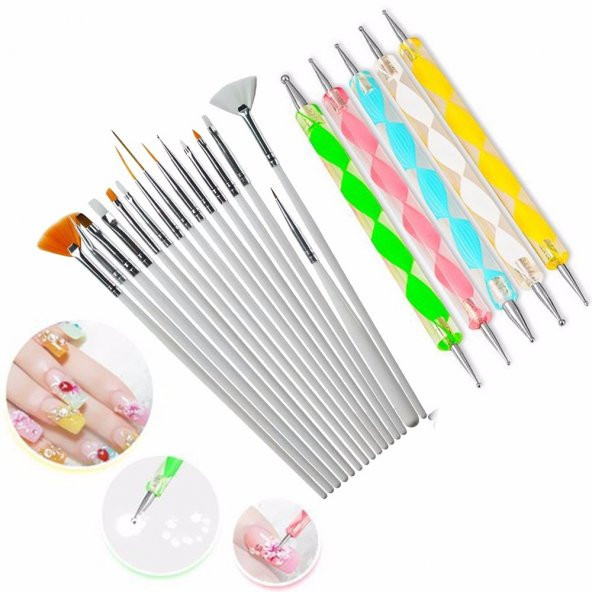 20 Parça Nail Art Tırnak Süsleme Desen Fırçası ve Dot Kalem Seti Beyaz Renk Karışık Set