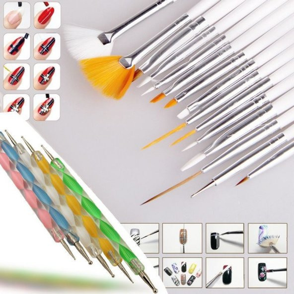 20 Parça Nail Art Tırnak Süsleme Desen Fırçası ve Dot Kalem Seti Beyaz Renk Karışık Set - 7