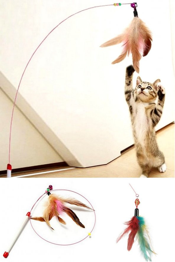 Kedi Oyuncağı Kedi Oyun Oltası Çelik 90 Cm Tüylü Kedi Oyuncağı Çelik Telli Kedi Oyun Tüyleri