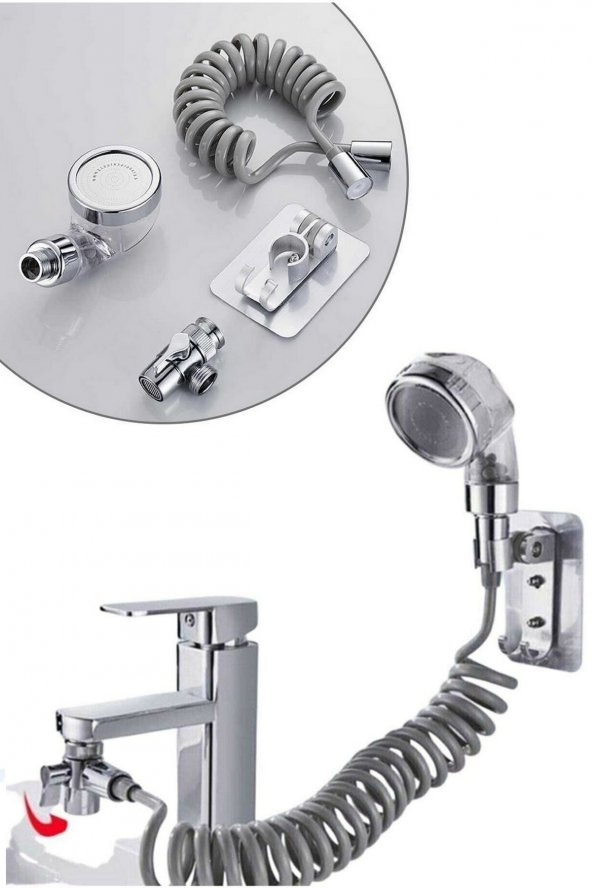 2 in 1 Spiral Hortumlu Ayarlanabilir Hareketli Banyo Mutfak Lavabo Musluk Duş Başlığı