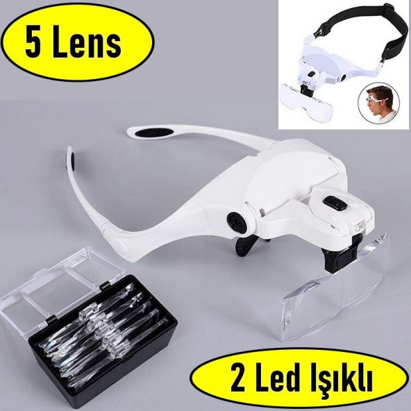 Ledli Led Işıklı Lambalı Büyüteç Lup Mercek Gözlük Şapka Kafa Büyüteci Lambası 5 Lensli