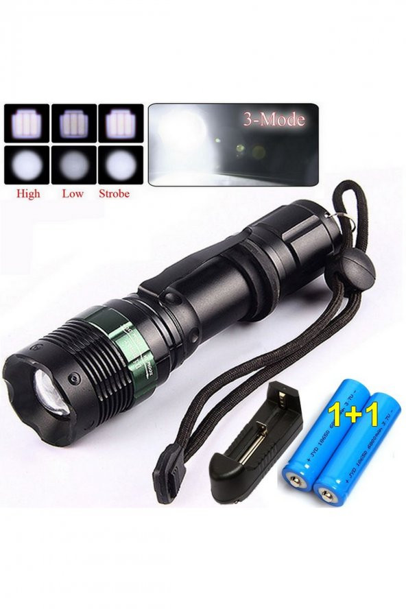 2 BATARYA LI Şarjlı Led El Feneri Led 800 Lumens Kamp Feneri Gece Yürüyüş Feneri Kutulu Paket Km-81
