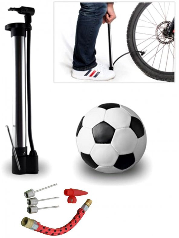 Metal Gövdeli Bisiklet Lastik Teker Şişirme Hava Pompası + 5 Li İğne Dönüştürücü Set