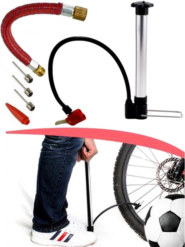 Metal Gövdeli Bisiklet Lastik Teker Şişirme Hava Pompası + 5 Li İğne Dönüştürücü Set - 2