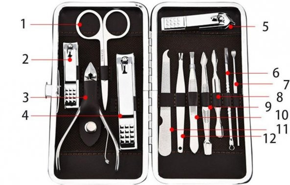 12li Manikür Pedikür Tırnak Bakım Seti Takımı Çantalı Tırnak Makası Manikür Bıçağı Akne İğnesi - 3