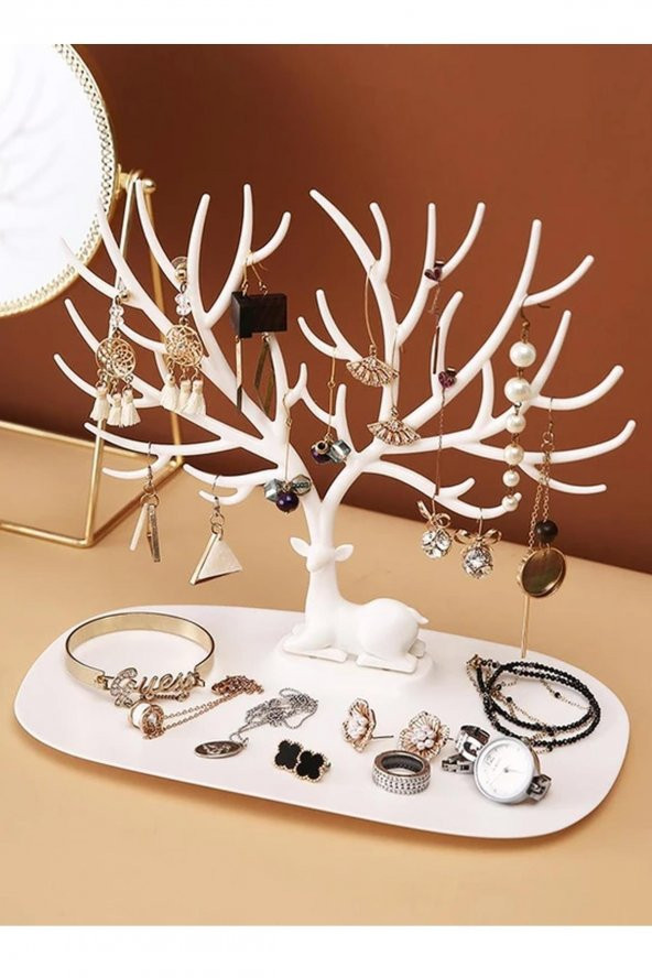 Geyik Tasarımlı Beyaz Aksesuar Takı Standı Yüzük Küpe Kolye Askılığı Mücevher Organizer Askı