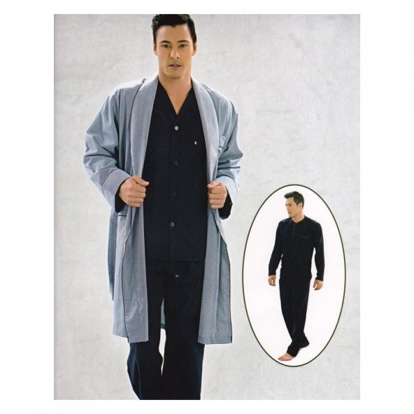 Pierre Cardin 5505 Erkek Çeyizlik Uzun Kollu Pijama Ropdöşambır Takım - Lacivert - 3