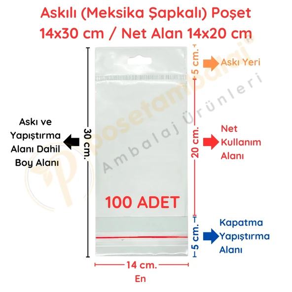 14 x 30 cm (Kapalı Hali 14 x 20 cm) 100 Adet Askılı Poşet - Meksika Şapkalı ürün görseli 1