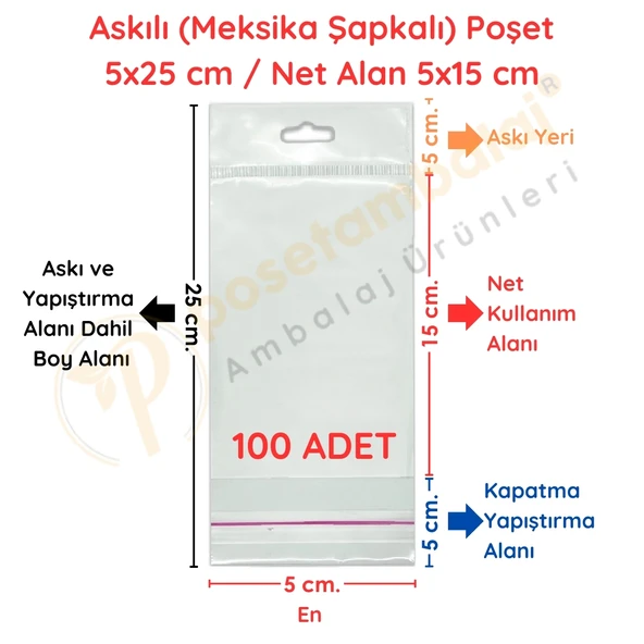 5x25 cm (Kapalı Hali 5x15 cm) 100 Adet Askılı Poşet - Meksika Şapkalı
