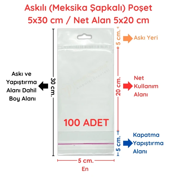 5x30 cm (Kapalı Hali 5x20 cm) 100 Adet Askılı Poşet - Meksika Şapkalı
