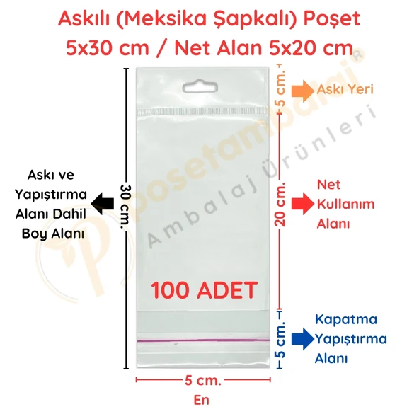 5x30 cm (Kapalı Hali 5x20 cm) 100 Adet Askılı Poşet - Meksika Şapkalı - 1