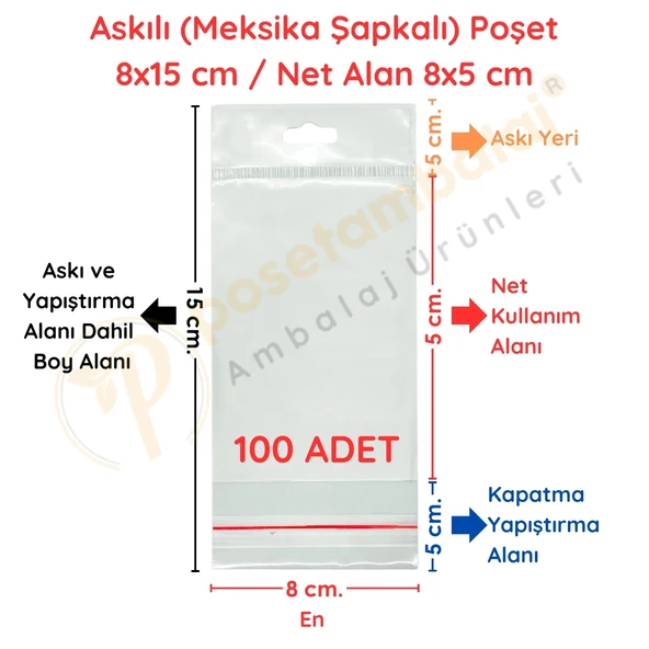 8x15 cm (Kapalı Hali 8x5 cm) 100 Adet Askılı Poşet - Meksika Şapkalı - 1