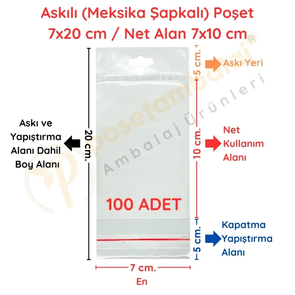 7x20 cm (Kapalı Hali 7x10 cm) 100 Adet Askılı Poşet - Meksika Şapkalı ürün görseli 1