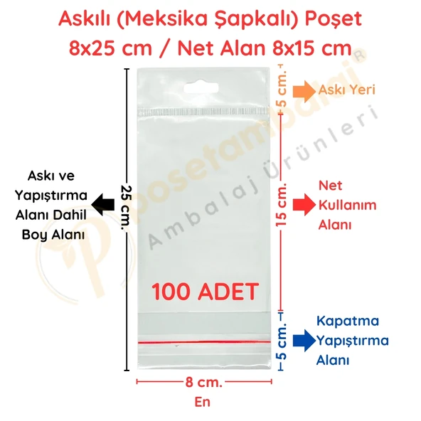 8x25 cm (Kapalı Hali 8x25 cm) 100 Adet Askılı Poşet - Meksika Şapkalı - 1