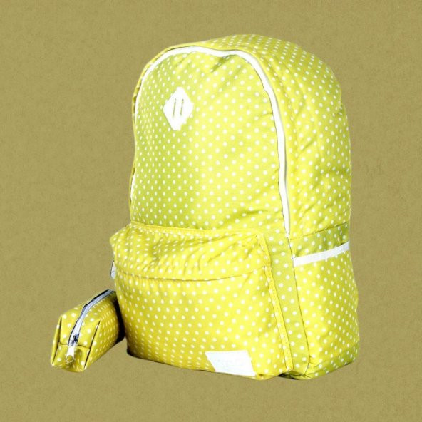 Sarı Beyaz Puantiyeli Sırt Çantası Kalemlik Hediyeli - 2