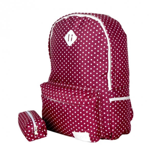Pembe Beyaz Puantiyeli Sırt Çantası Kalemlik Hediyeli - 3
