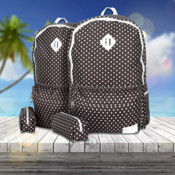Kahverengi Beyaz Puantiyeli Sırt Çantası Kalemlik Hediyeli