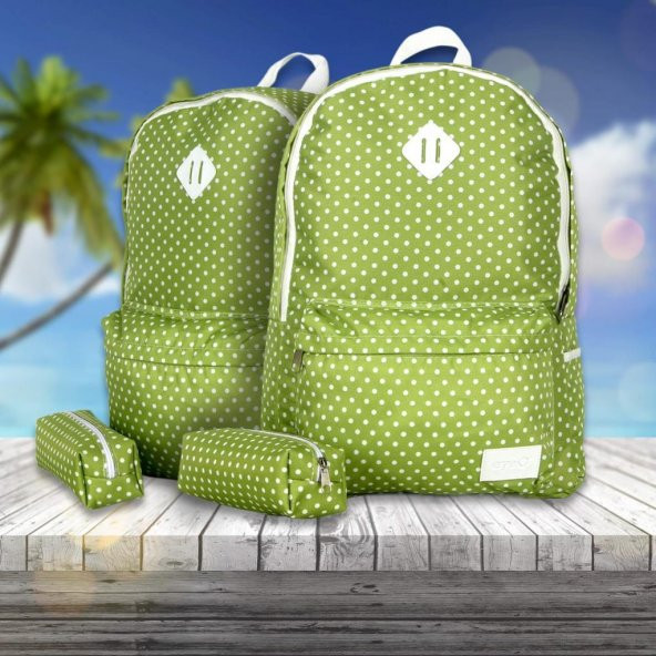 Yeşil Beyaz Puantiyeli Sırt Çantası Kalemlik Hediyeli