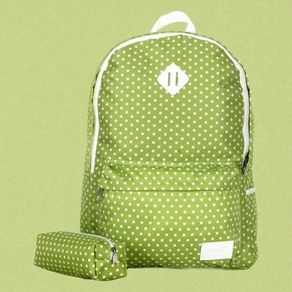 Yeşil Beyaz Puantiyeli Sırt Çantası Kalemlik Hediyeli - 2