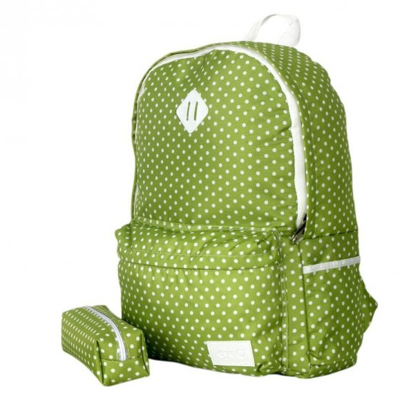 Yeşil Beyaz Puantiyeli Sırt Çantası Kalemlik Hediyeli - 3