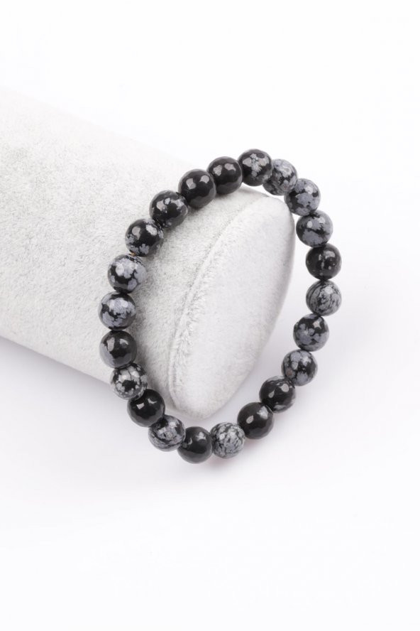 Karlı Obsidyen Doğal Taş Bileklik 8 mm Fasetli Küre Kesim