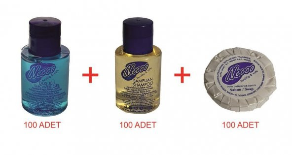 NECCO Otel Tipi 100 Ad.  Duş Şampuanı + 100 Ad. Duş Jeli + 100 Ad. Banyo Sabunu