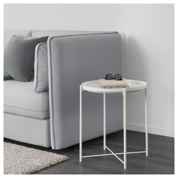 Tepsili Sehpa, Yuvarlak Beyaz Renk IKEA Çıkarılabilir Tepsi - Modern Sehpa 45x53 Cm - 3