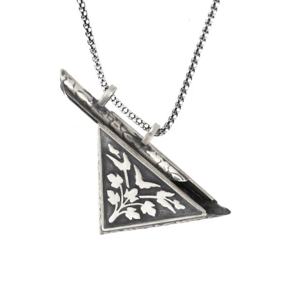 Gümüş Üçgen İçi Açılabilen Çiçek Muskalık Kolye - Resim 2