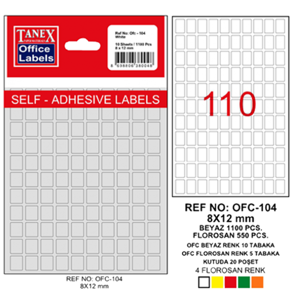 Tanex Ofis Etiketi Poşetli 8x12 MM Beyaz OFC-104 (10 lu paket)