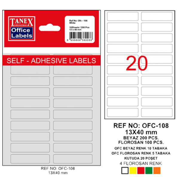 Tanex Ofis Etiketi Poşetli 13x40 MM Beyaz OFC-108 (10 lu paket)
