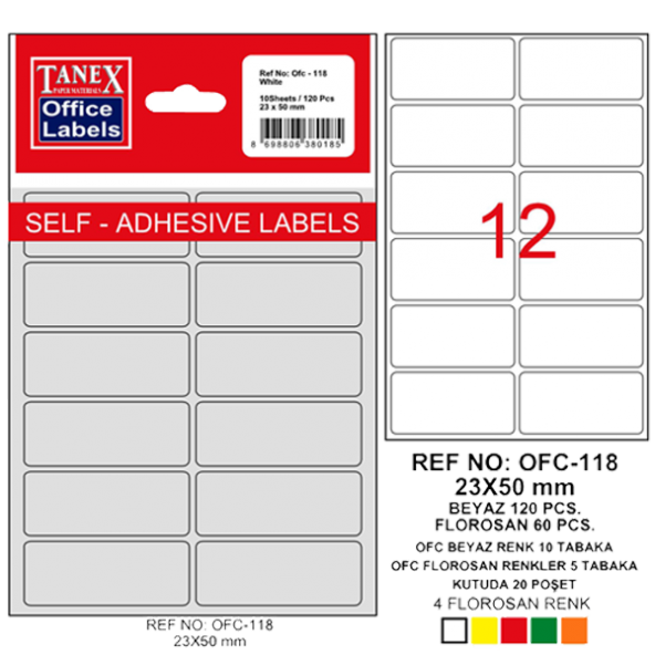 Tanex Ofis Etiketi Poşetli 23x50 MM Beyaz OFC-118 (10 lu paket)