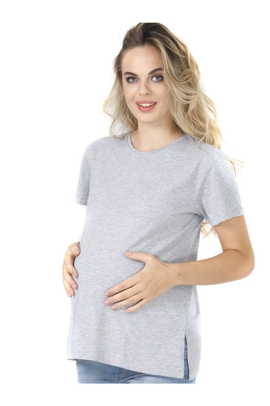 Nisanca Bisiklet Yaka Rahat Kalıp Modal Pamuklu Hamile Tshirt - Tişört - 2