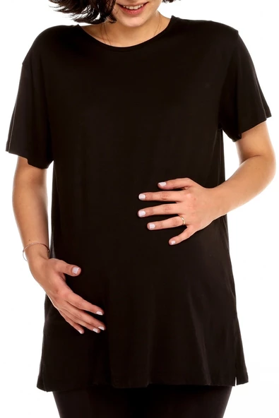 Nisanca Bisiklet Yaka Rahat Kalıp Modal Pamuklu Hamile Tshirt - Tişört - 10