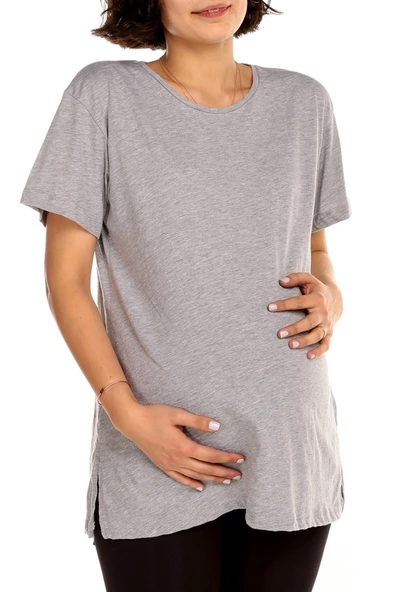Nisanca Bisiklet Yaka Rahat Kalıp Modal Pamuklu Hamile Tshirt - Tişört - 4