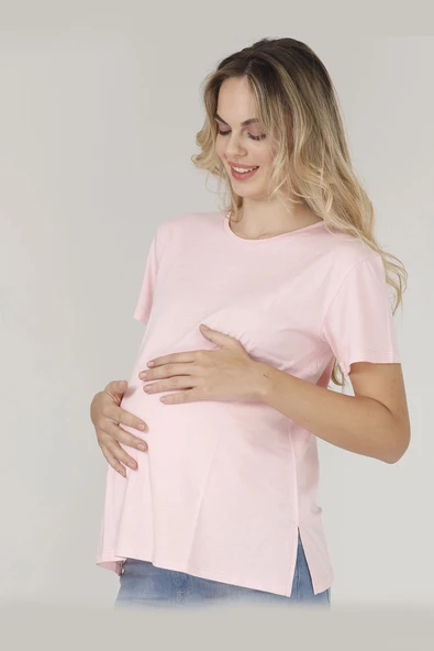 Nisanca Bisiklet Yaka Rahat Kalıp Modal Pamuklu Hamile Tshirt - Tişört - 7